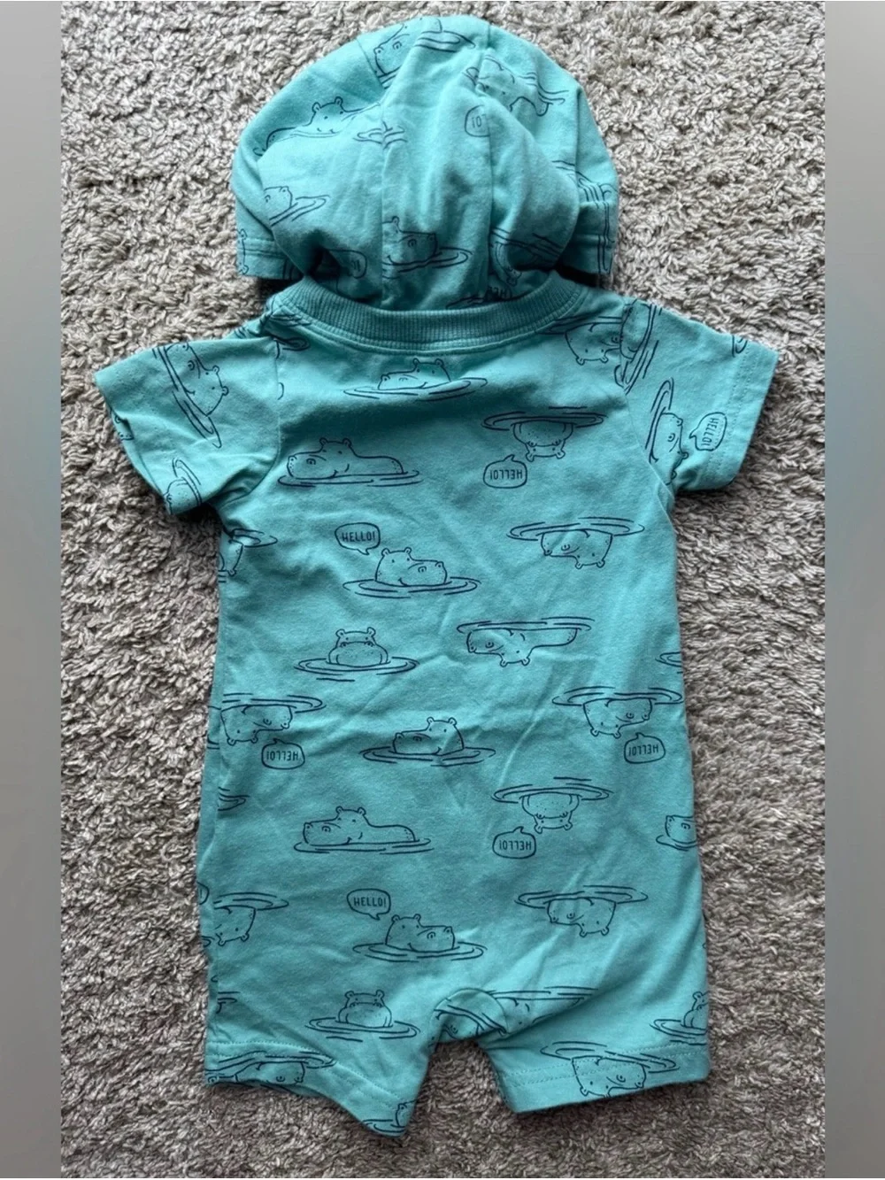 Carter’s Baby Hooded Short Sleeve Romper Hippo Print Aqua 9 Months